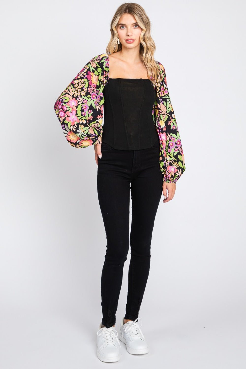 ODDI Full Size Floral Balloon Sleeve Blouse - Top - Black - Bella Bourget