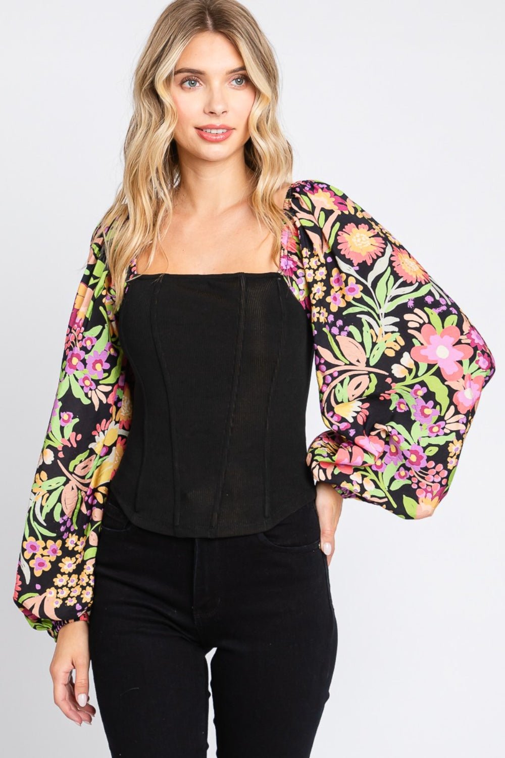 ODDI Full Size Floral Balloon Sleeve Blouse - Top - Black - Bella Bourget