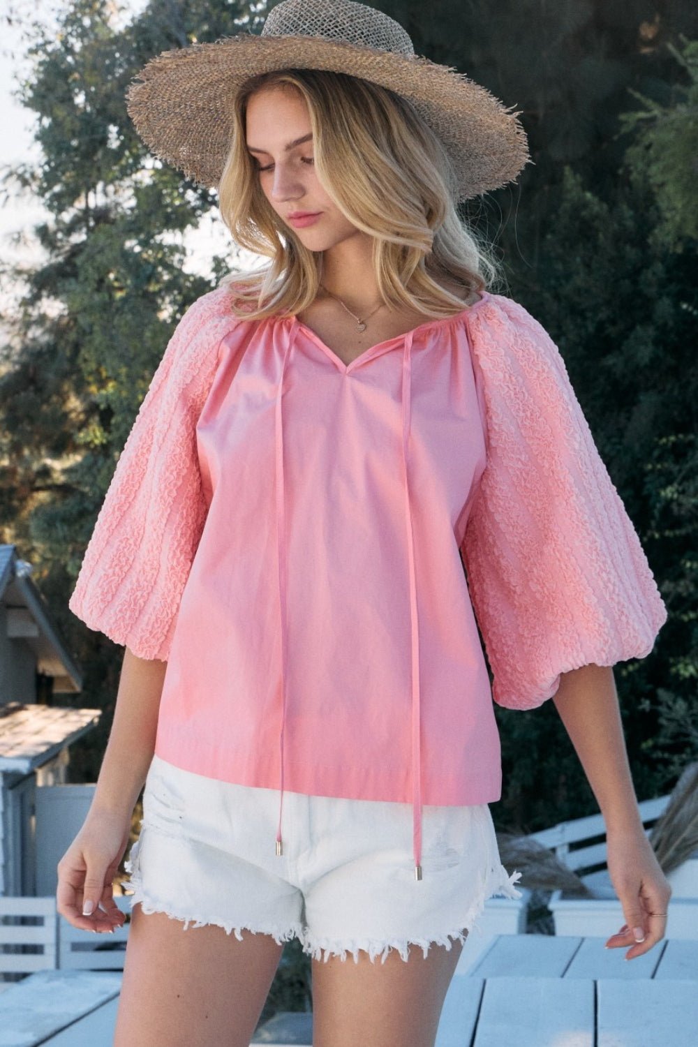 ODDI Full Size Poplin Bubble Sleeve Blouse - Top - Pink - Bella Bourget