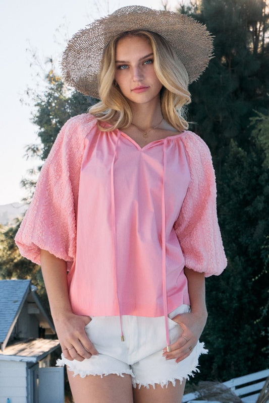 ODDI Full Size Poplin Bubble Sleeve Blouse - Top - Pink - Bella Bourget