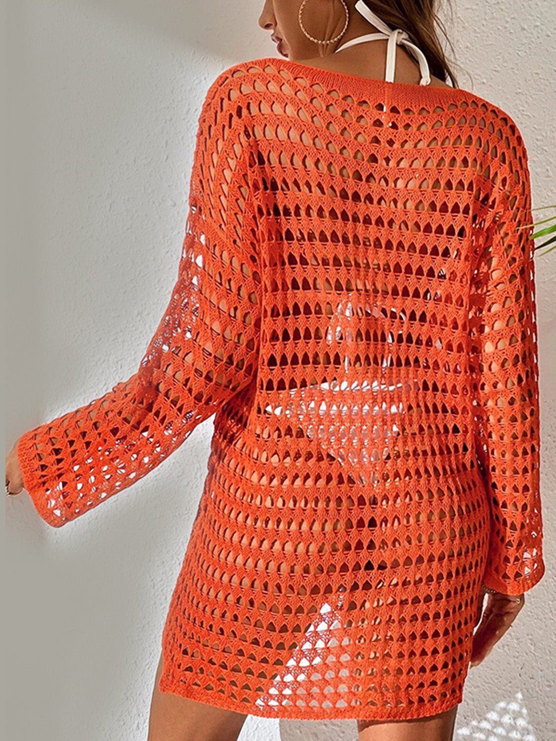 Openwork Boat Neck Long Sleeve Cover - Up - Cover - Up - Orange - Bella Bourget