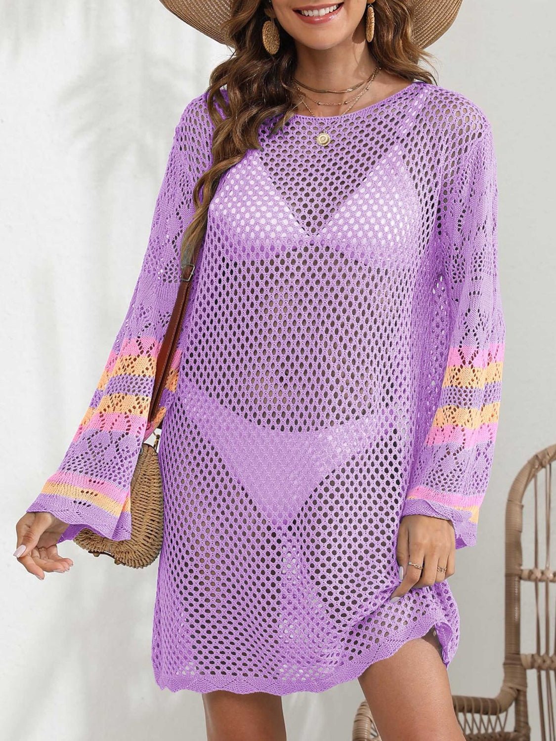 Openwork Contrast Long Sleeve Cover - Up - Cover - Up - Heliotrope Purple - Bella Bourget