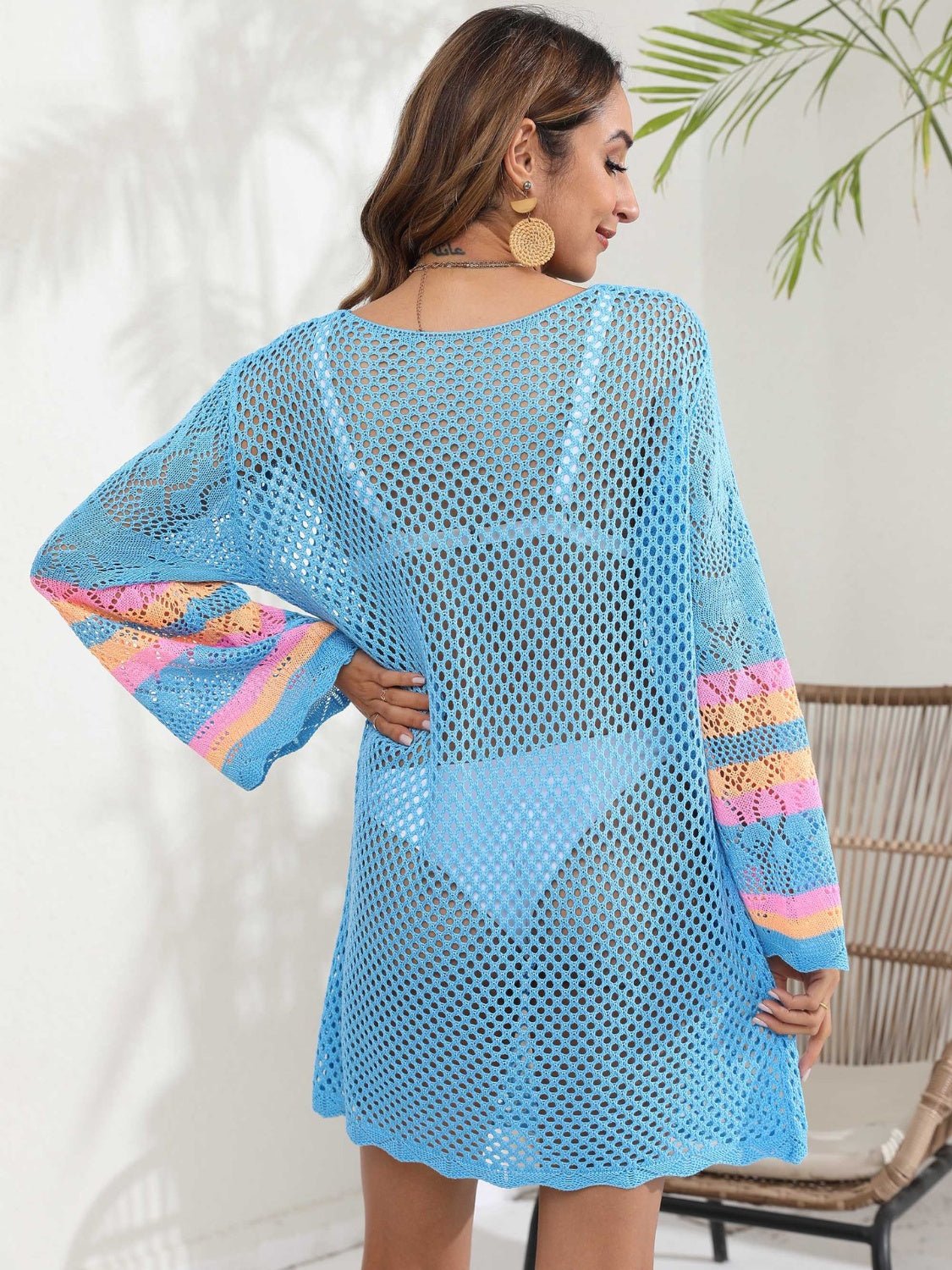 Openwork Contrast Long Sleeve Cover - Up - Cover - Up - Pastel Blue - Bella Bourget