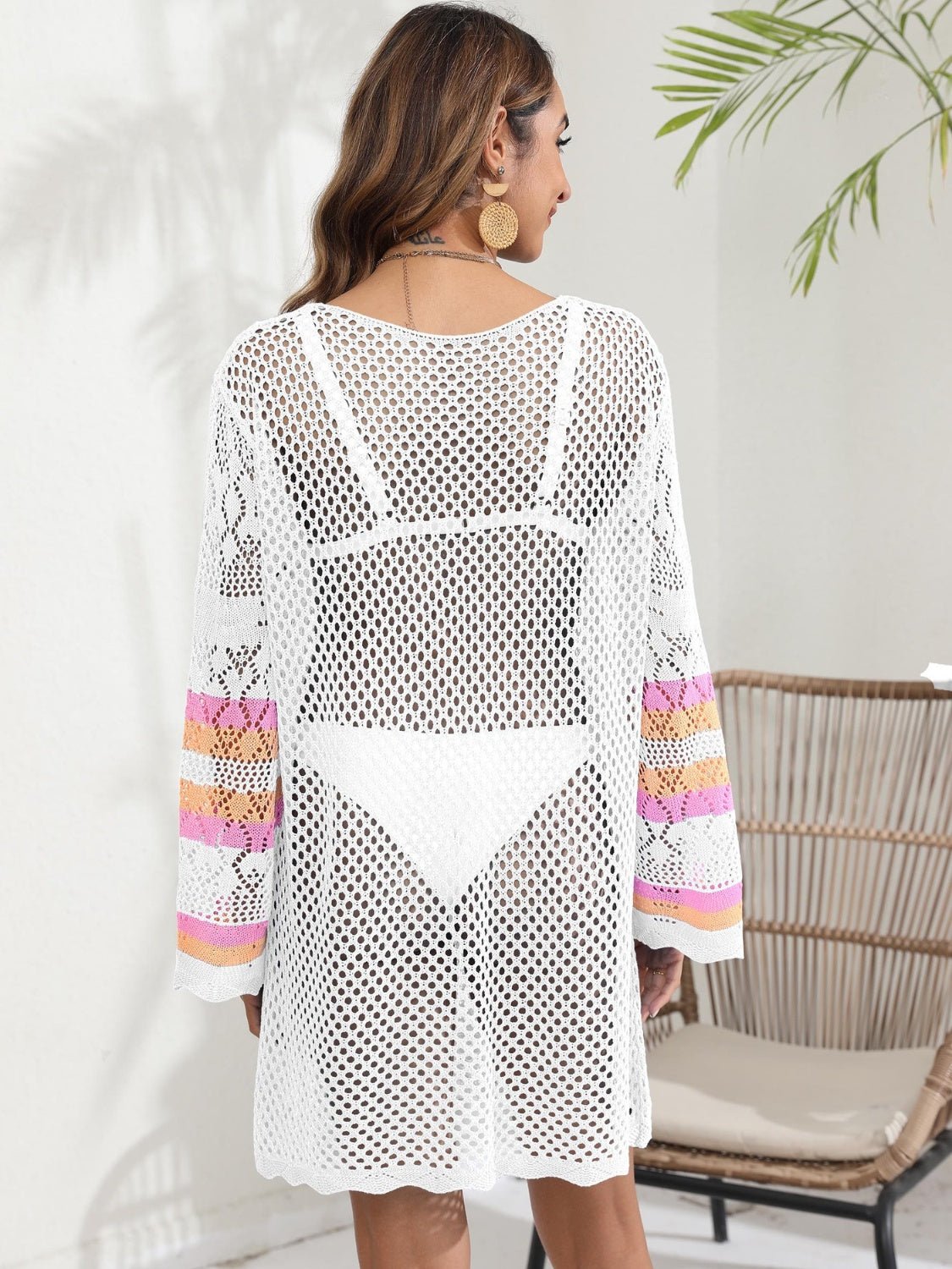 Openwork Contrast Long Sleeve Cover - Up - Cover - Up - White - Bella Bourget