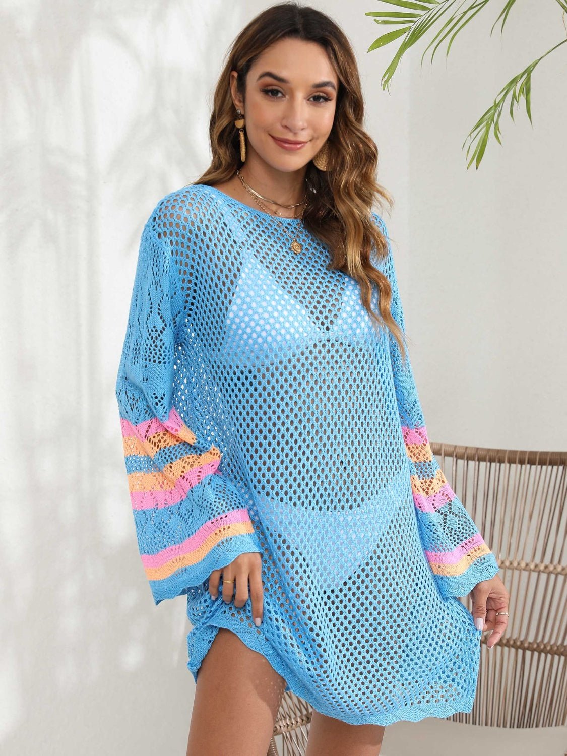 Openwork Contrast Long Sleeve Cover - Up - Cover - Up - Pastel Blue - Bella Bourget