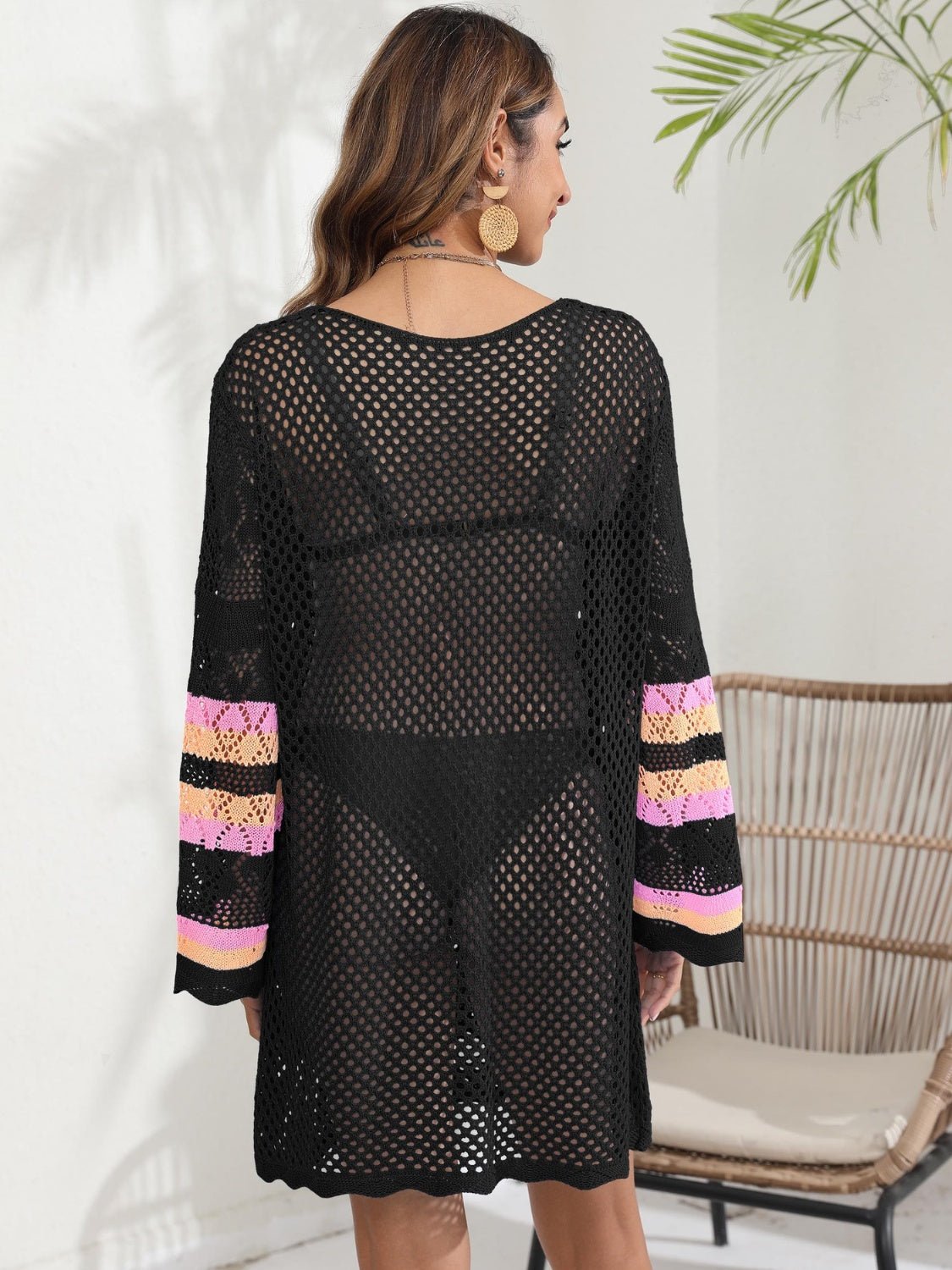 Openwork Contrast Long Sleeve Cover - Up - Cover - Up - Black - Bella Bourget