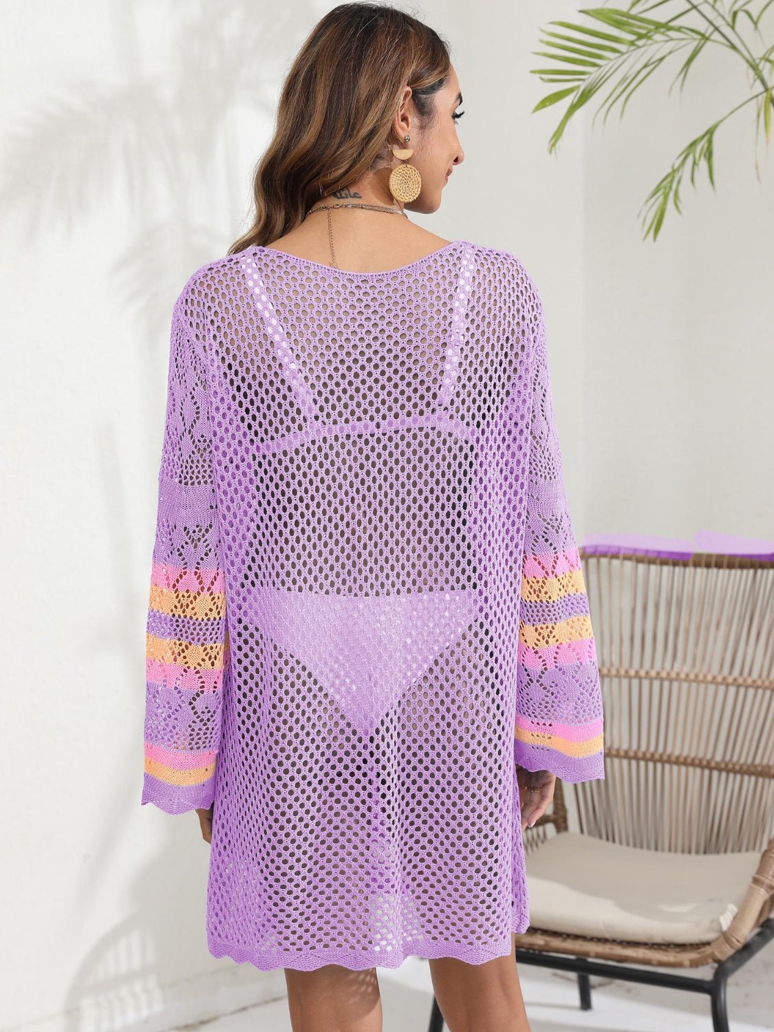 Openwork Contrast Long Sleeve Cover - Up - Cover - Up - Heliotrope Purple - Bella Bourget