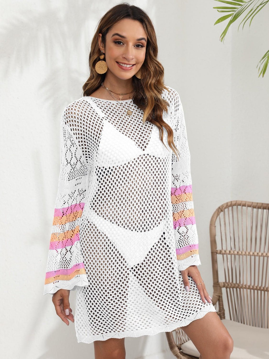 Openwork Contrast Long Sleeve Cover - Up - Cover - Up - White - Bella Bourget