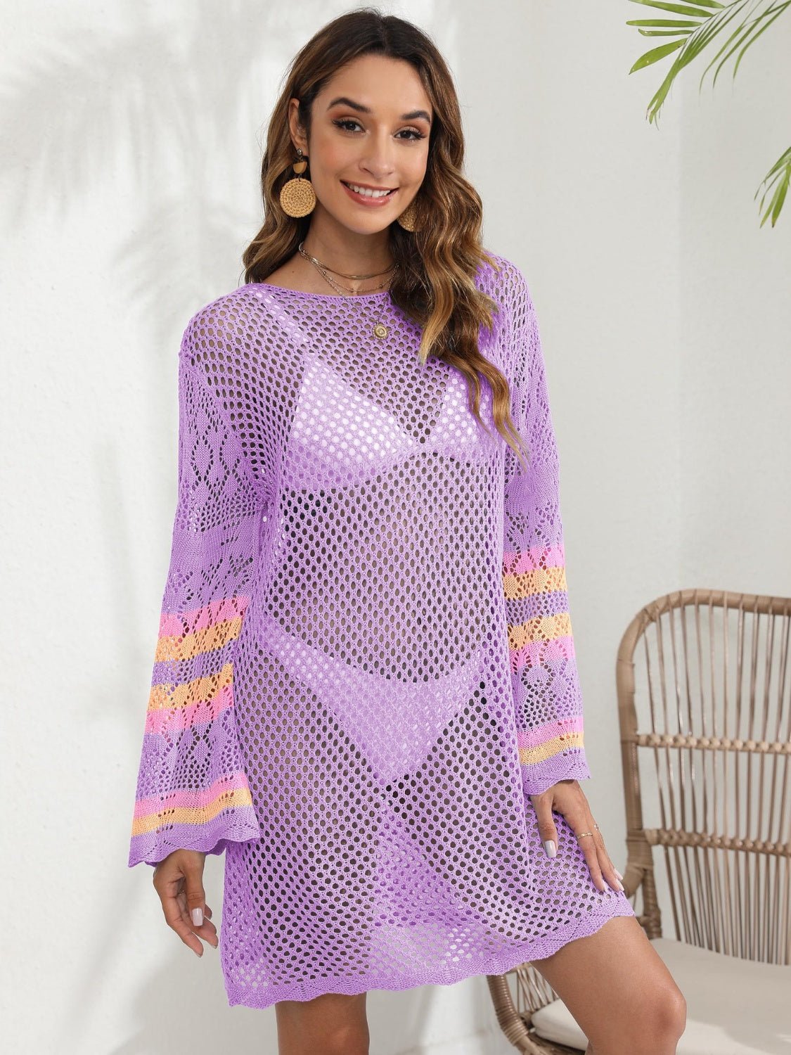 Openwork Contrast Long Sleeve Cover - Up - Cover - Up - Heliotrope Purple - Bella Bourget