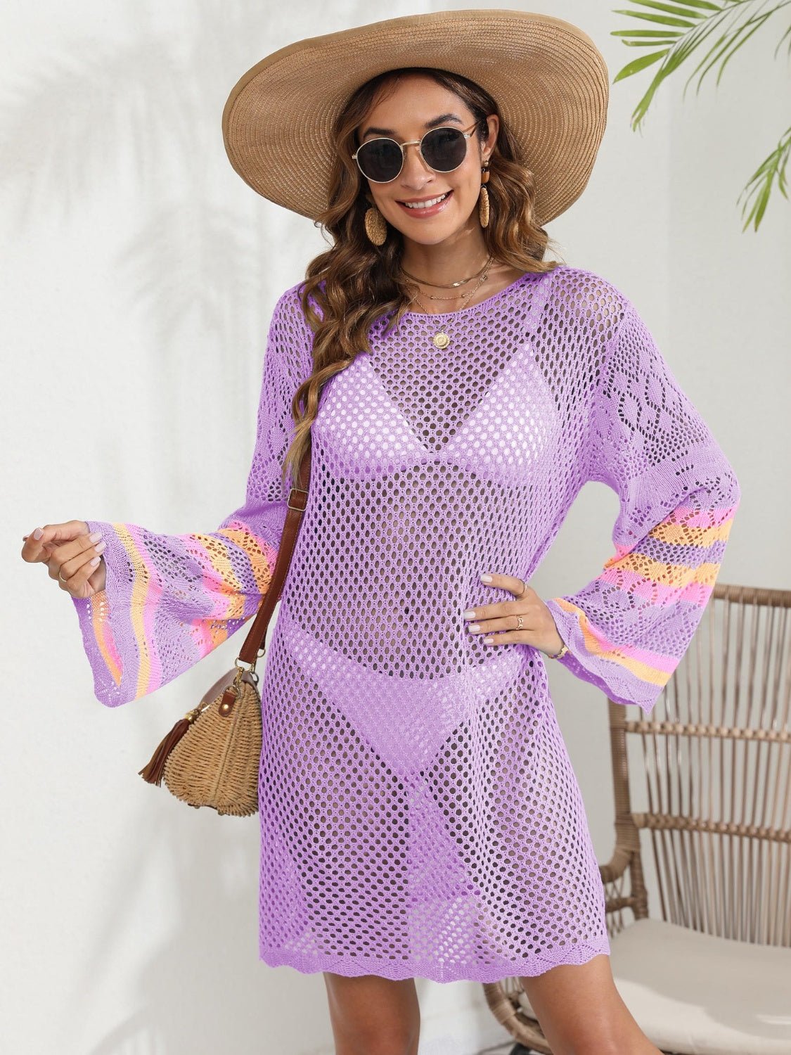 Openwork Contrast Long Sleeve Cover - Up - Cover - Up - Heliotrope Purple - Bella Bourget