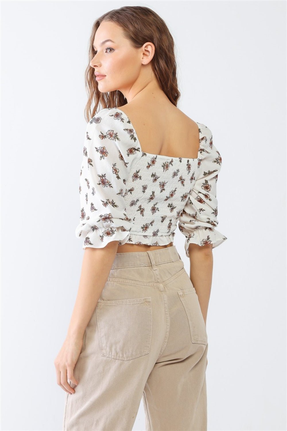 PAPERMOON Floral Ruffled Smocked Crop Top - Top - Ivory - Bella Bourget