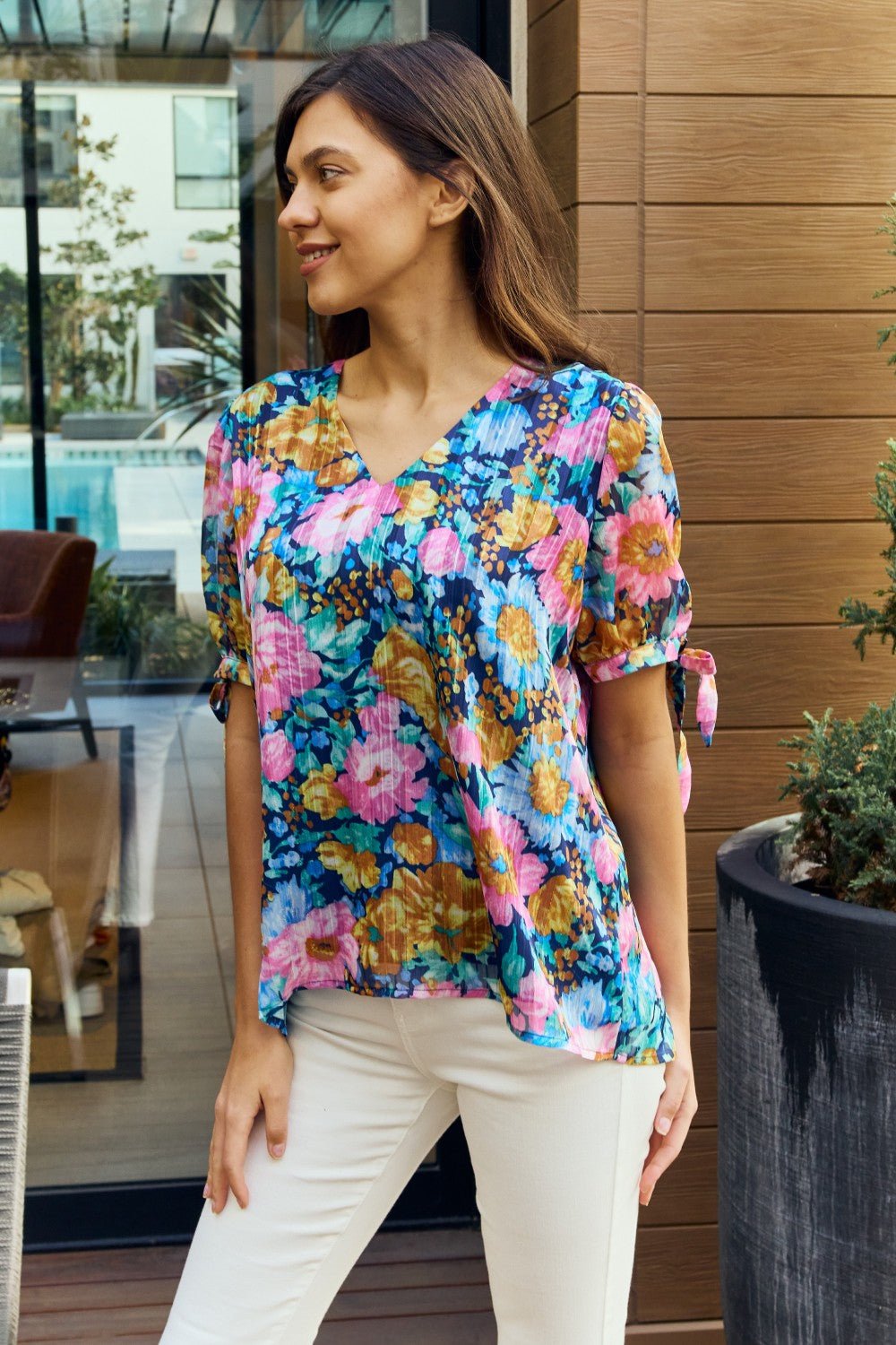 Petal Dew Full Size Floral V - Neck Tie Detail Blouse - Top - Navy/Pink - Bella Bourget