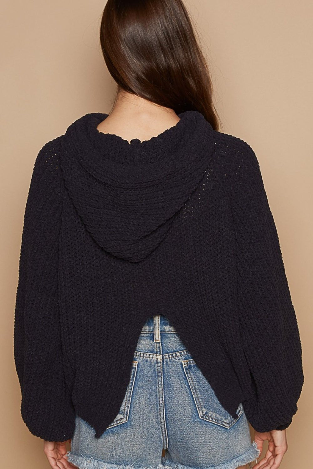 POL Back Open Slit Balloon Sleeve Crop Hooded Sweater - Sweater - Indigo - Bella Bourget