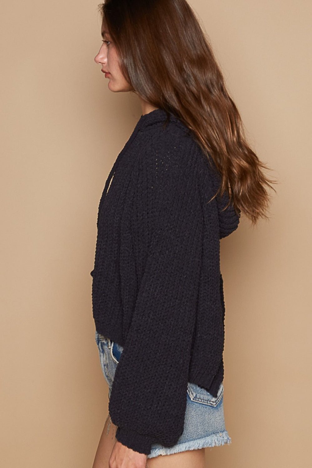 POL Back Open Slit Balloon Sleeve Crop Hooded Sweater - Sweater - Indigo - Bella Bourget