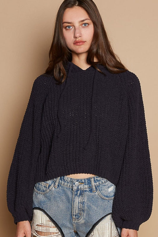 POL Back Open Slit Balloon Sleeve Crop Hooded Sweater - Sweater - Indigo - Bella Bourget