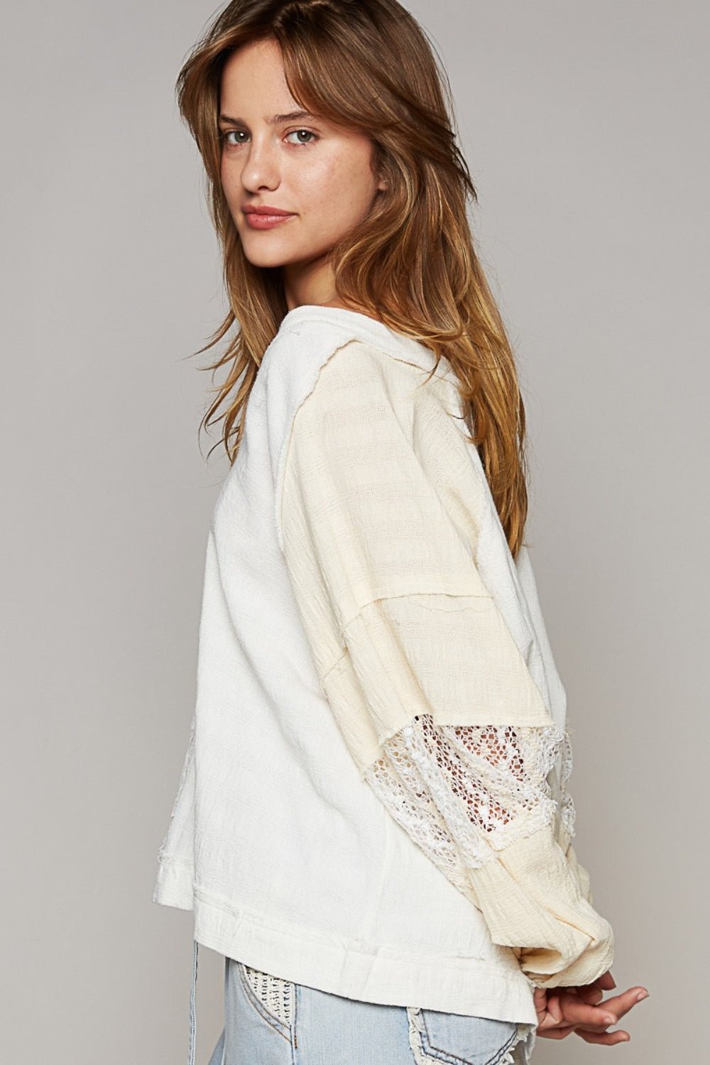 POL Balloon Sleeve Crochet Patch Top - Top - Off White/Natural - Bella Bourget