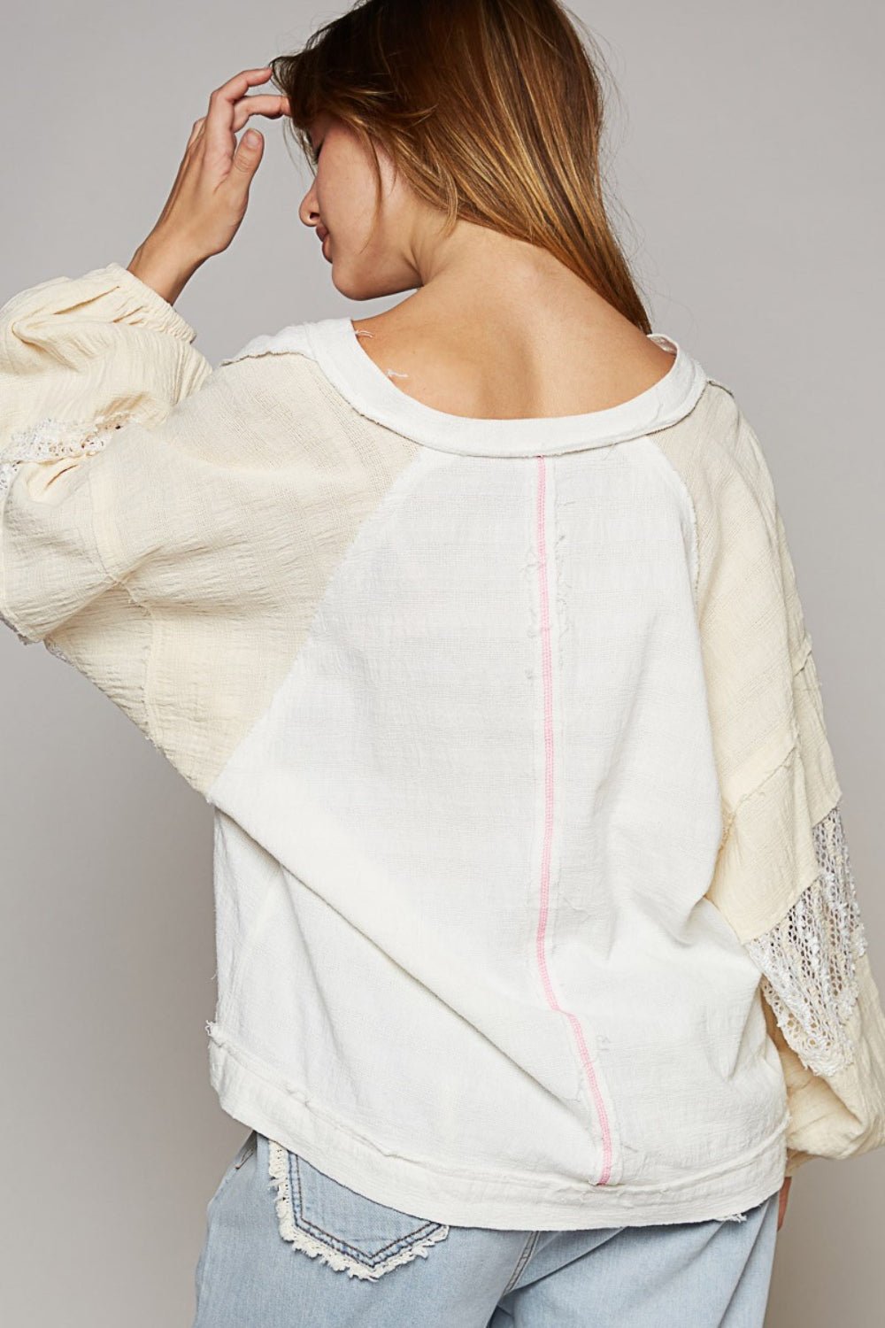 POL Balloon Sleeve Crochet Patch Top - Top - Off White/Natural - Bella Bourget