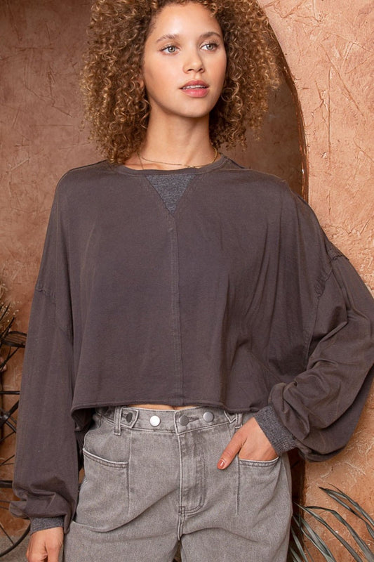 POL Cropped Long Sleeve Top - Top - Deep Charcoal - Bella Bourget