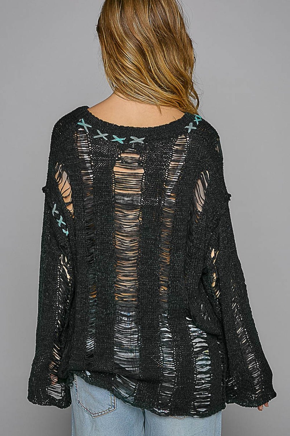 POL Distressed Dropped Shoulder Long Sleeve Knit Top - Top - Black - Bella Bourget