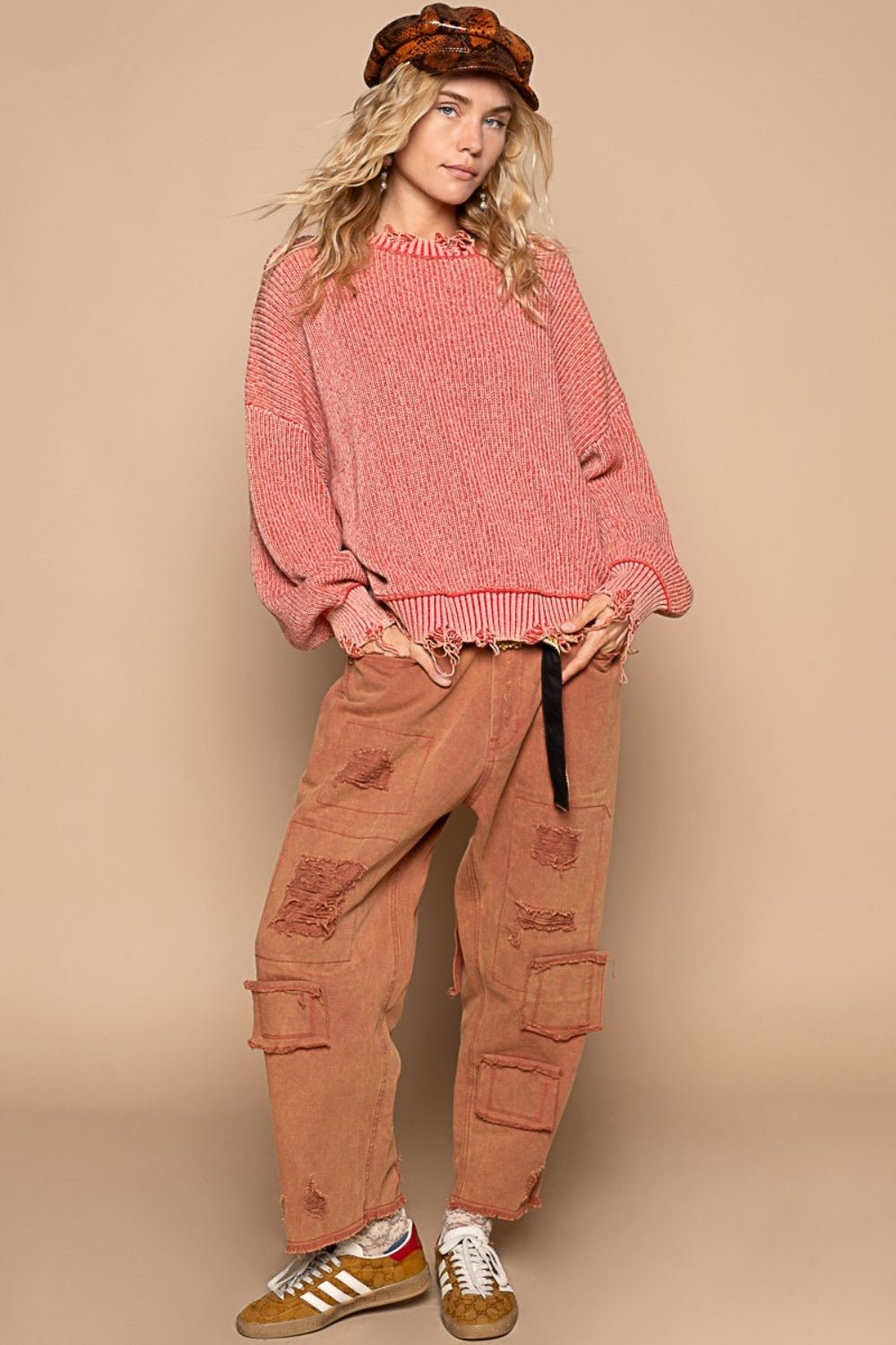 POL Distressed Washed Drop Shoulder Sweater - Sweater - Red Brick - Bella Bourget