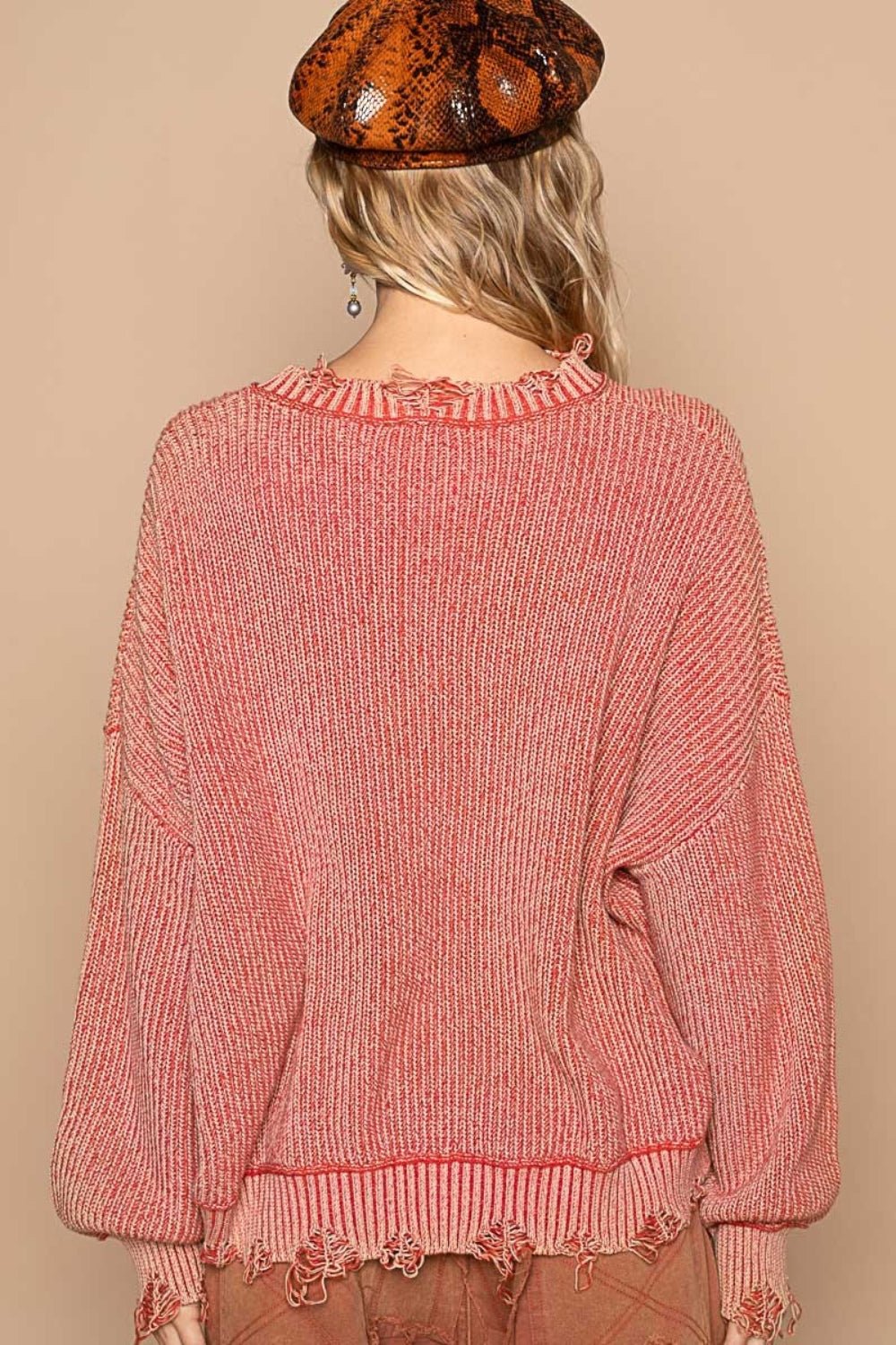 POL Distressed Washed Drop Shoulder Sweater - Sweater - Red Brick - Bella Bourget