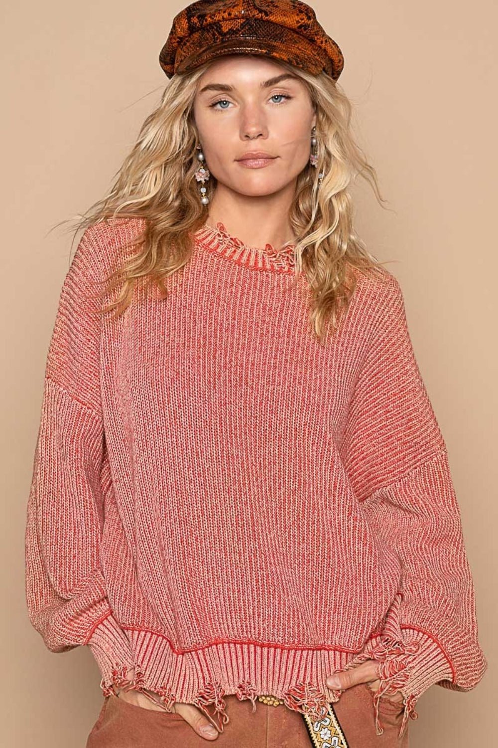 POL Distressed Washed Drop Shoulder Sweater - Sweater - Red Brick - Bella Bourget