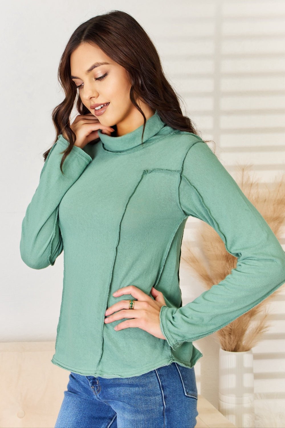 POL Exposed Seam Long Sleeve Knit Top - Top - EMERALD GREEN - Bella Bourget