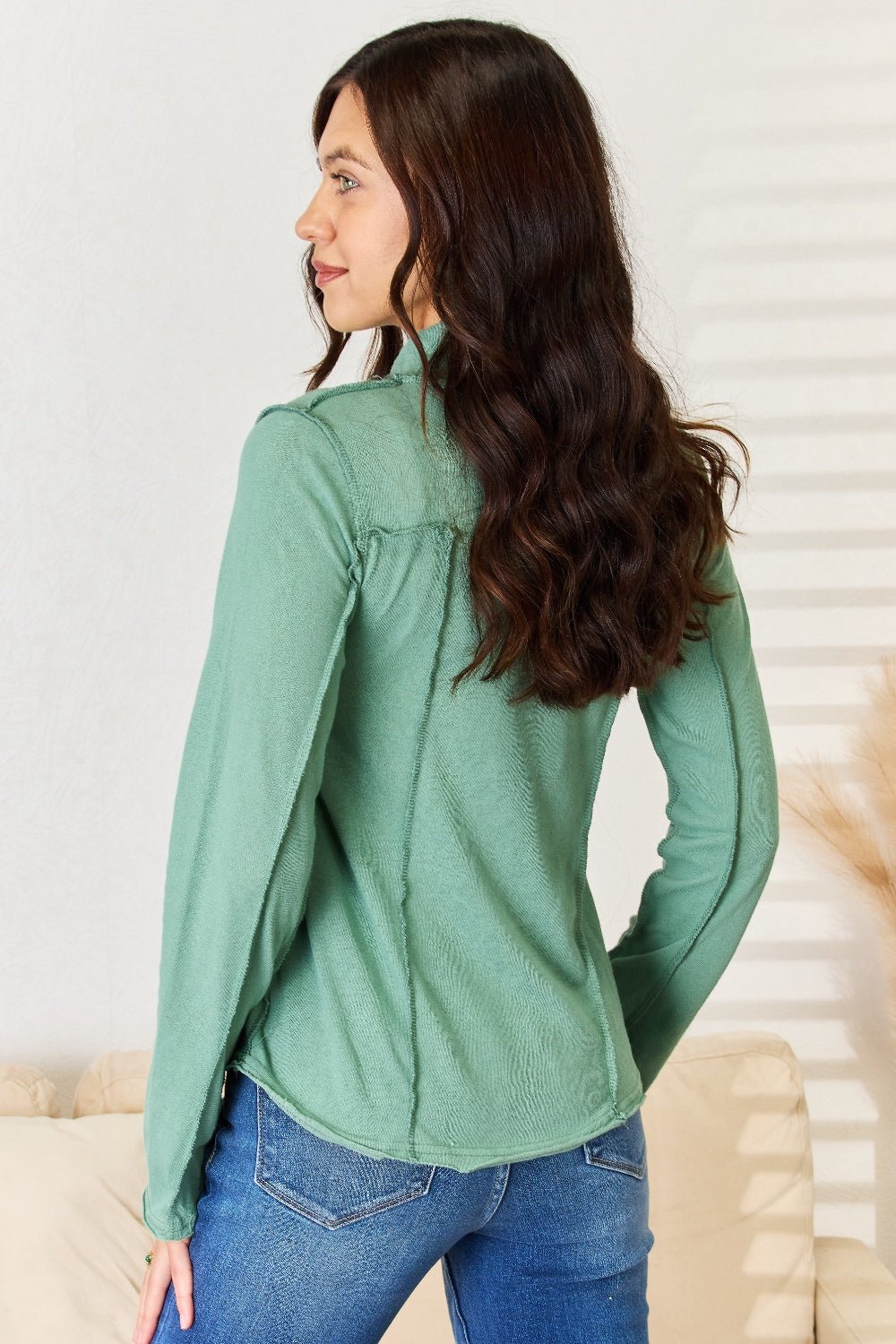 POL Exposed Seam Long Sleeve Knit Top - Top - EMERALD GREEN - Bella Bourget