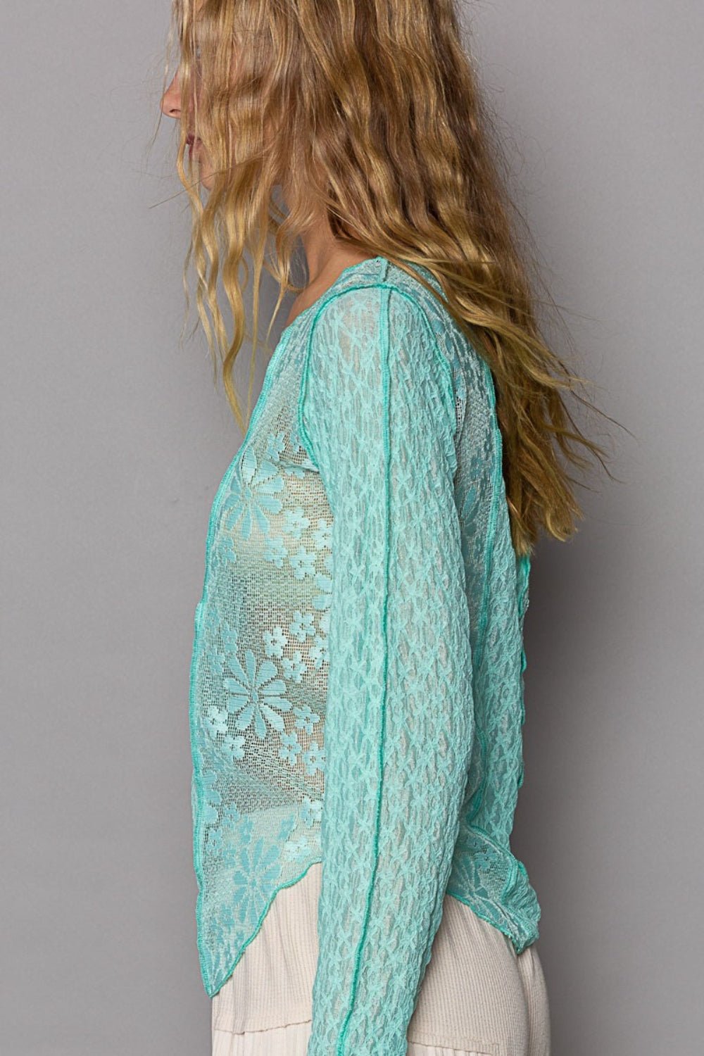 POL Exposed Seam Long Sleeve Lace Knit Top - Top - Electric Blue - Bella Bourget