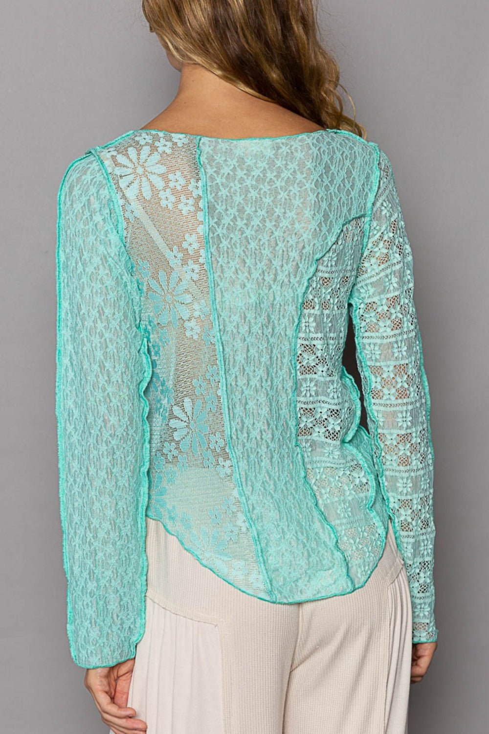 POL Exposed Seam Long Sleeve Lace Knit Top - Top - Electric Blue - Bella Bourget