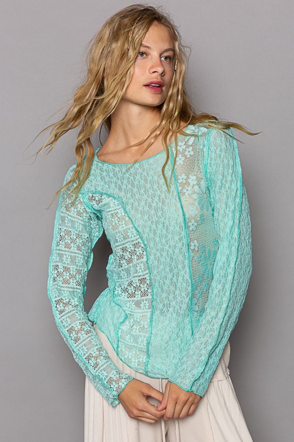 POL Exposed Seam Long Sleeve Lace Knit Top - Top - Electric Blue - Bella Bourget