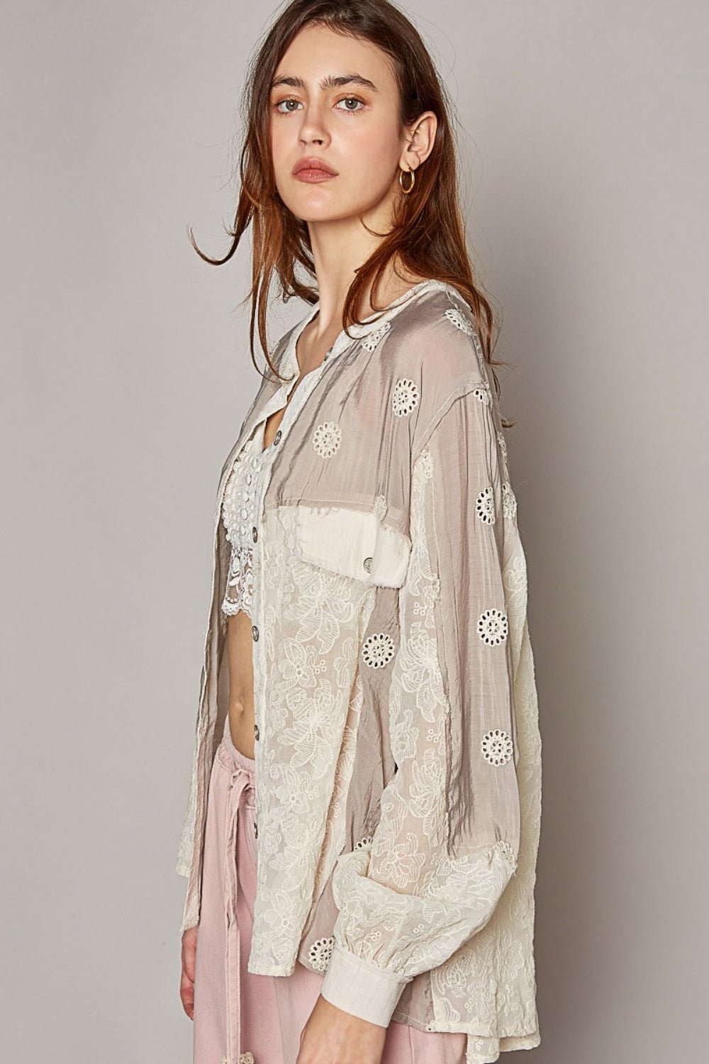 POL Eyelet Button Up Shirt - Top - Lilac Multi - Bella Bourget