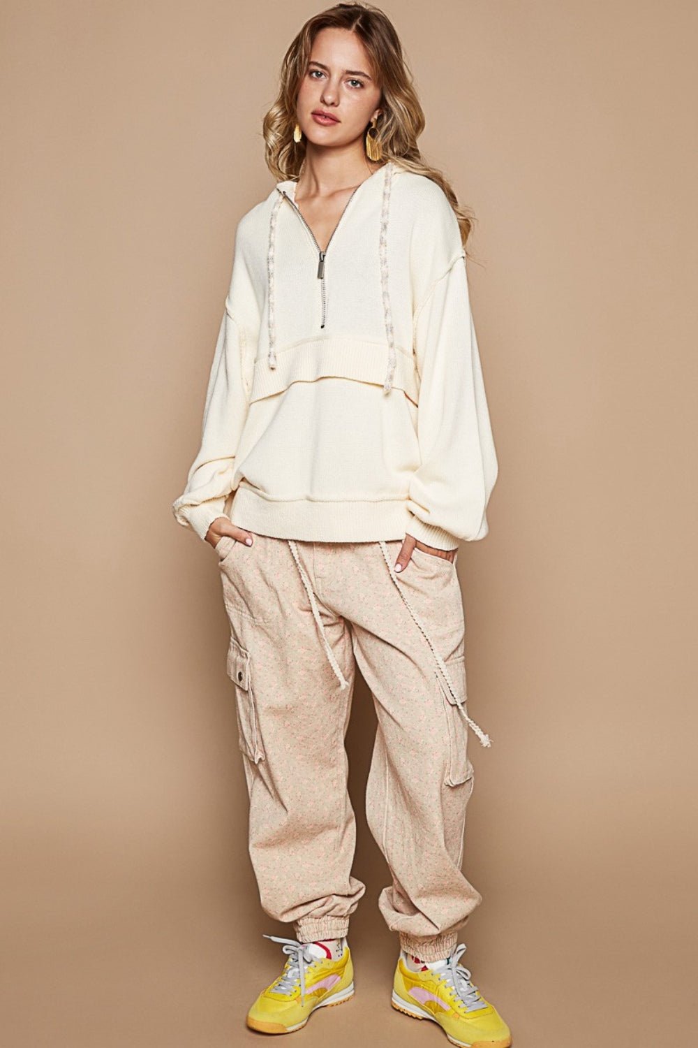 POL Half Zip Drop Shoulder Hooded Sweater - Sweater - Provence Cream - Bella Bourget