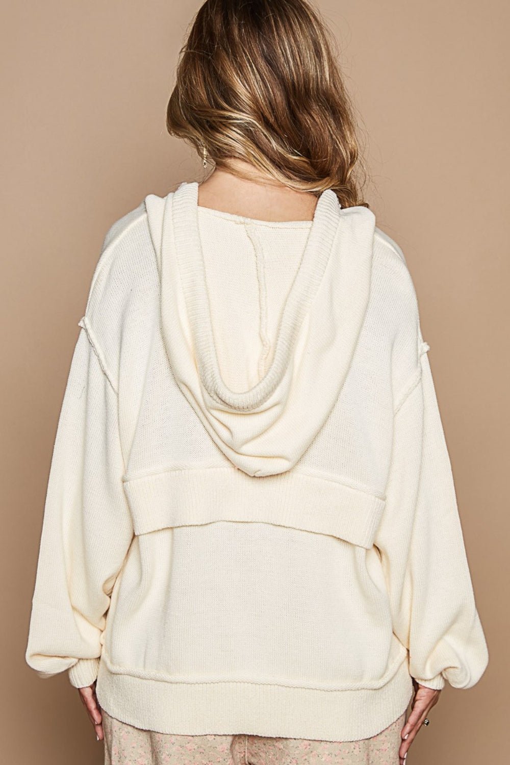 POL Half Zip Drop Shoulder Hooded Sweater - Sweater - Provence Cream - Bella Bourget