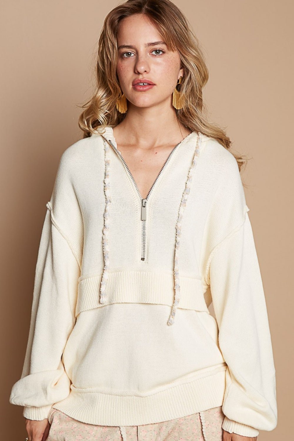 POL Half Zip Drop Shoulder Hooded Sweater - Sweater - Provence Cream - Bella Bourget