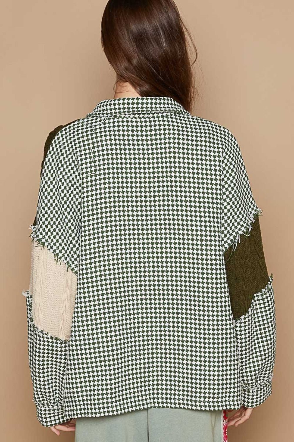 POL Houndstooth Contrast Cable Knit Pocket Shacket - Shacket - Olive Multi - Bella Bourget