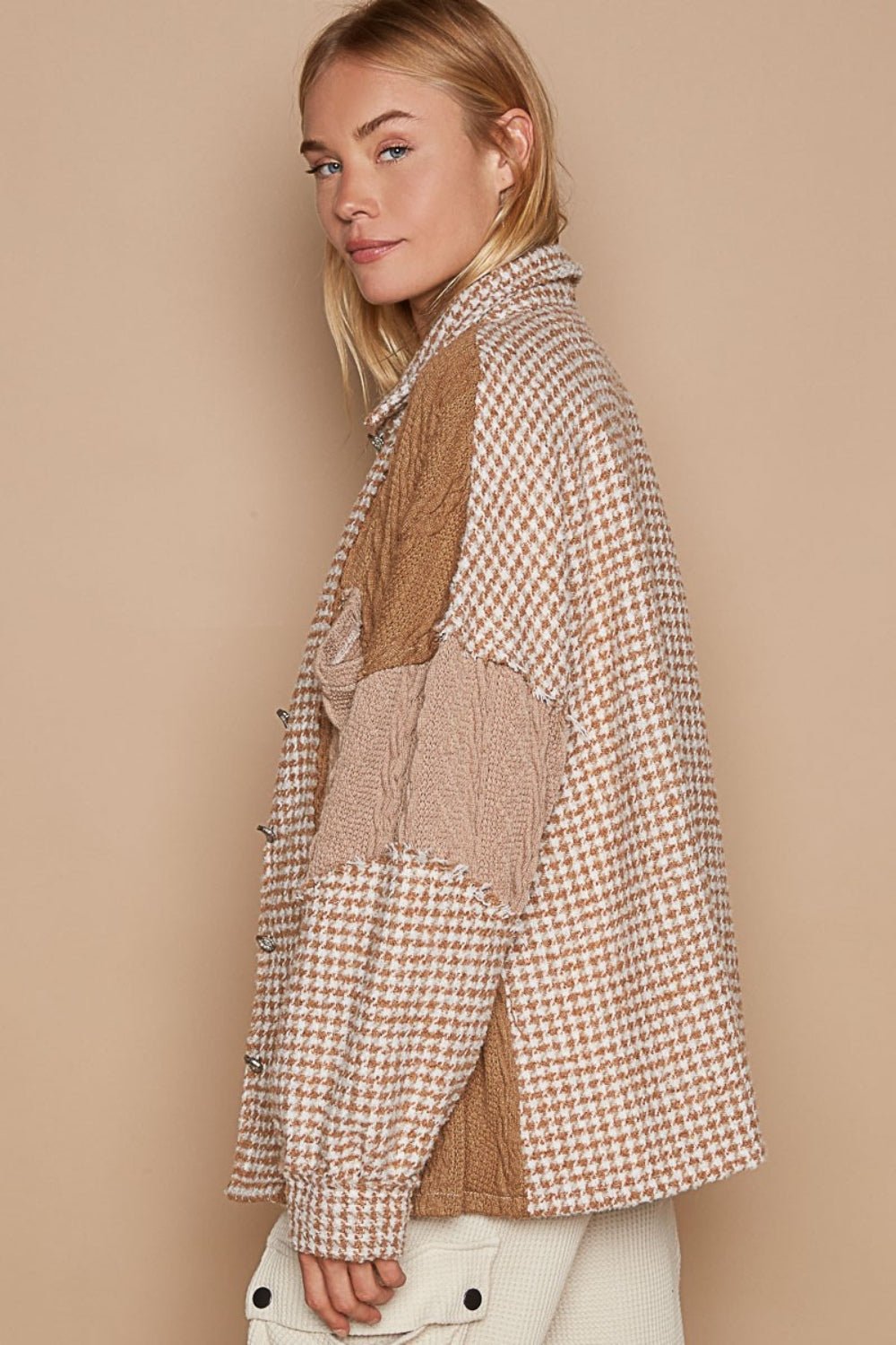 POL Houndstooth Contrast Cable Knit Pocket Shacket - Shacket - Mocha Multi - Bella Bourget