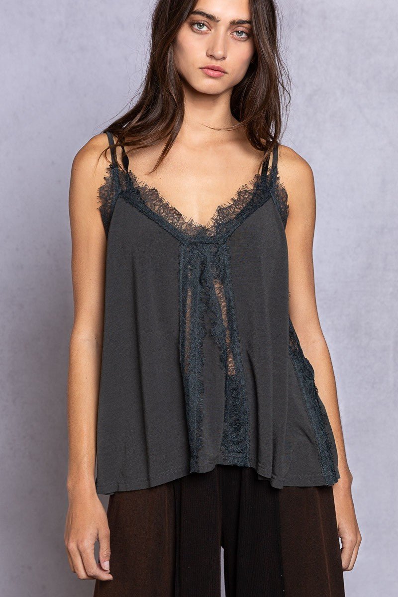 POL Lace Detail V - Neck Cami - Top - Dark Gray - Bella Bourget