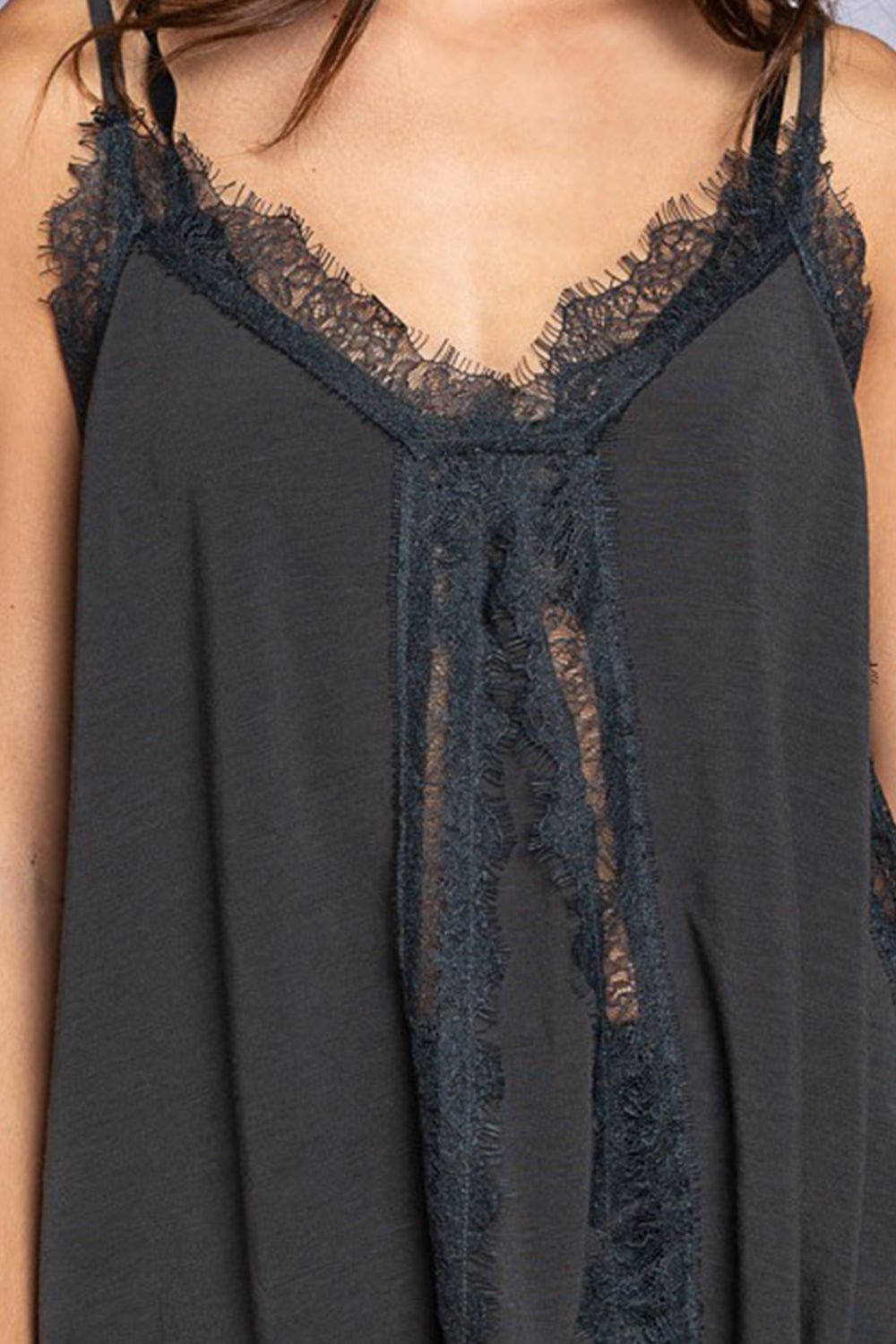 POL Lace Detail V - Neck Cami - Top - Dark Gray - Bella Bourget