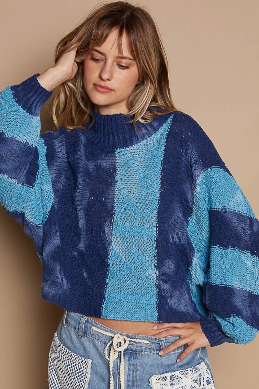 POL Mock Neck Color Block Sweater - Sweater - Blue Multi - Bella Bourget