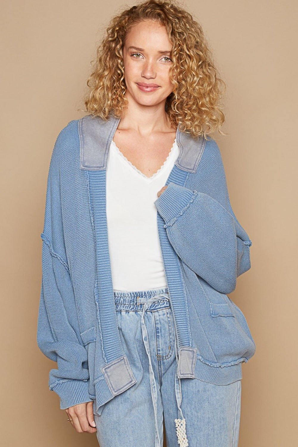 POL Open Front Washed Knit Cardigan with Pockets - Cardigan - Dream Blue - Bella Bourget