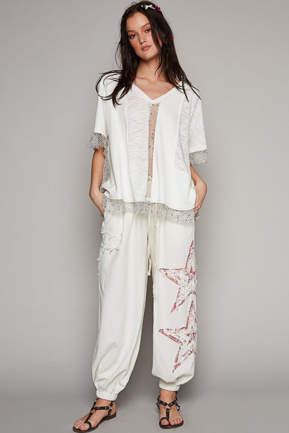 POL Openwork V - Neck Half Sleeve Top - Top - Off White - Bella Bourget