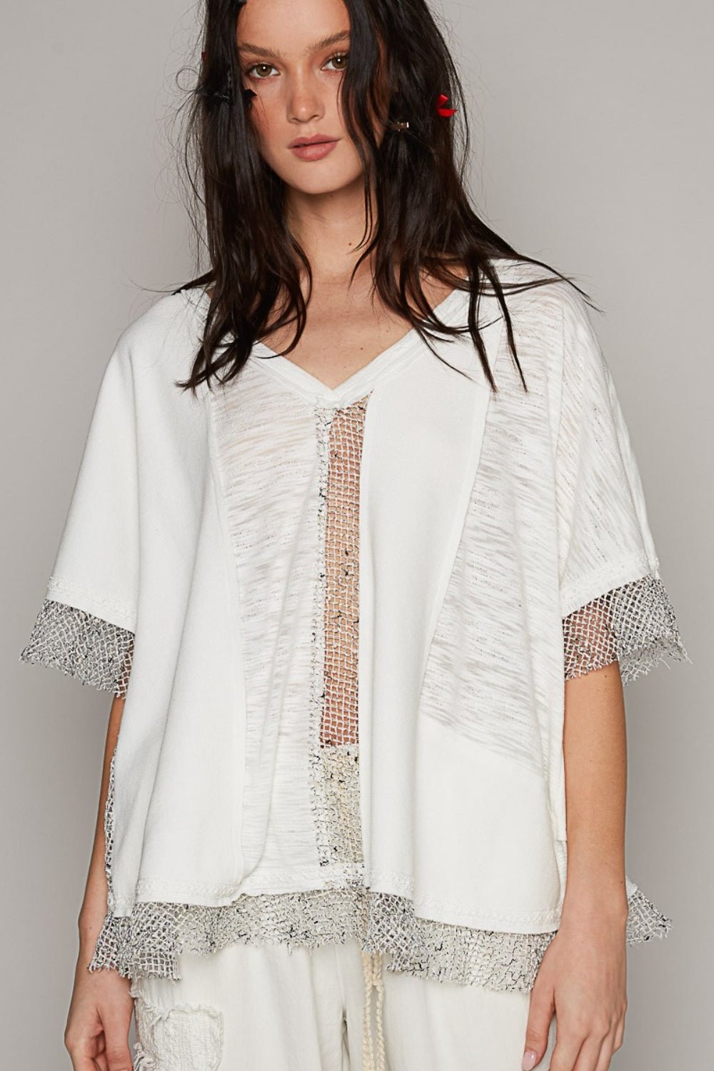 POL Openwork V - Neck Half Sleeve Top - Top - Off White - Bella Bourget