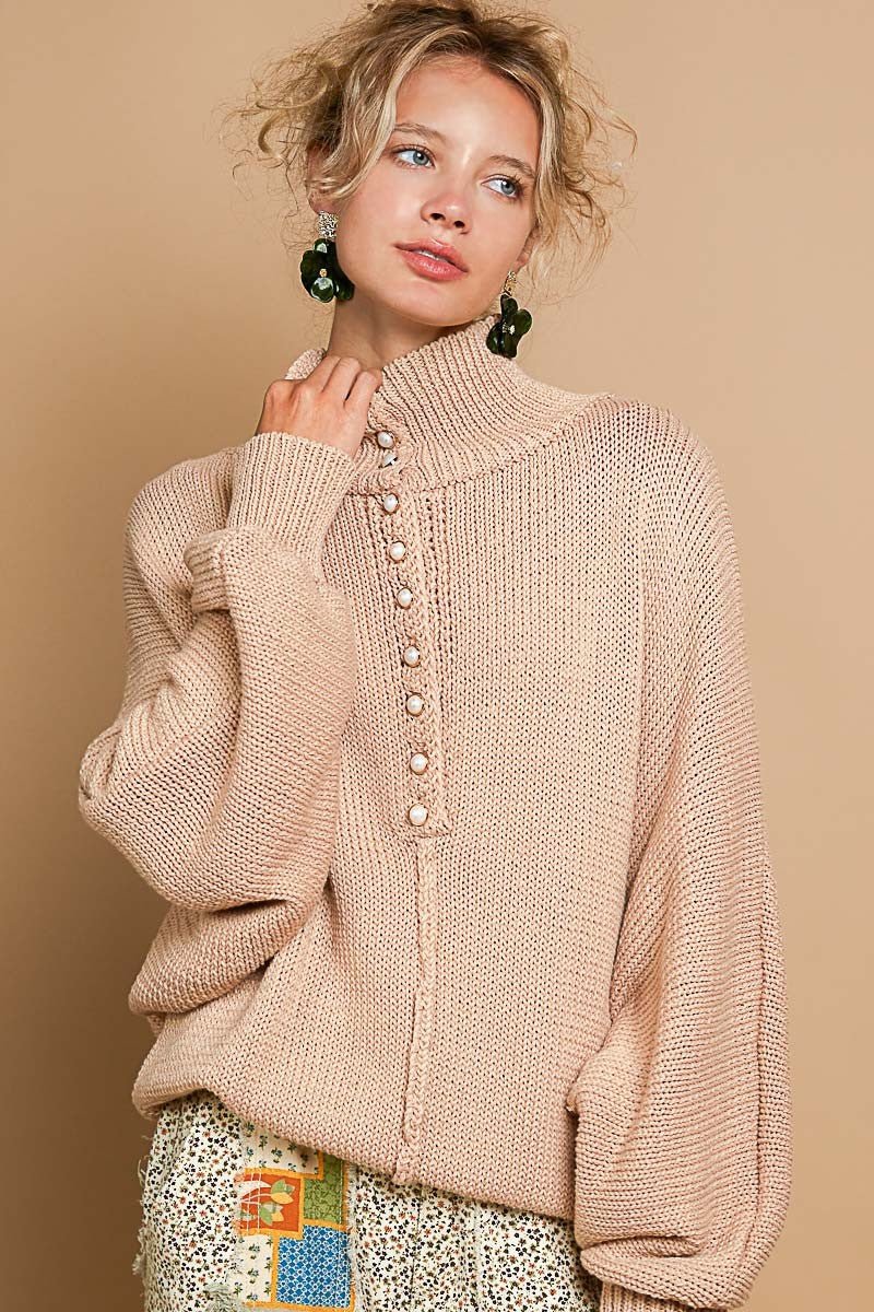 POL Pearl Detail Turtleneck Long Sleeve Sweater - Sweater - Latte - Bella Bourget