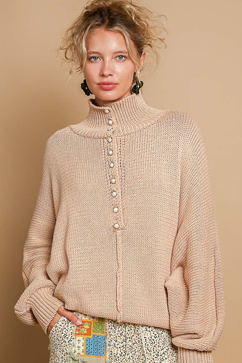 POL Pearl Detail Turtleneck Long Sleeve Sweater - Sweater - Latte - Bella Bourget