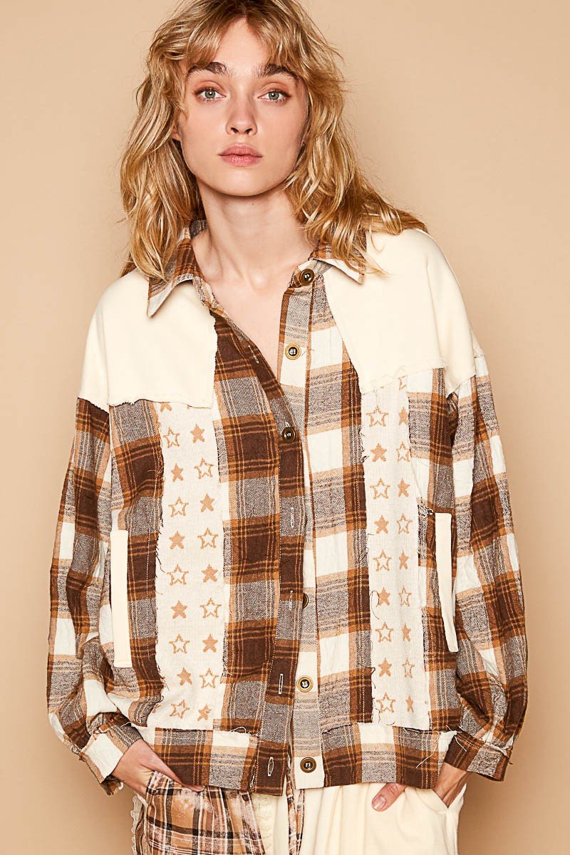 POL Plaid & Star Patchwork Contrast Long Sleeve Shacket - Shacket - Beige - Bella Bourget