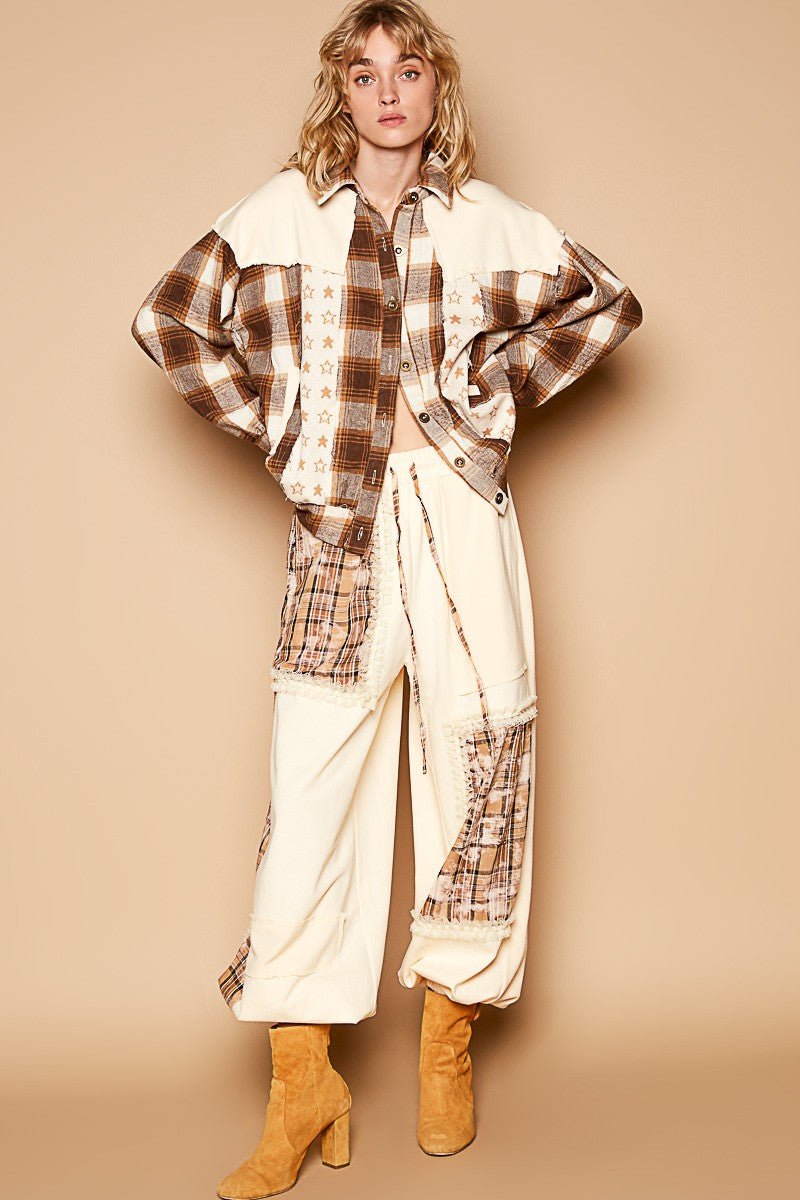 POL Plaid & Star Patchwork Contrast Long Sleeve Shacket - Shacket - Beige - Bella Bourget