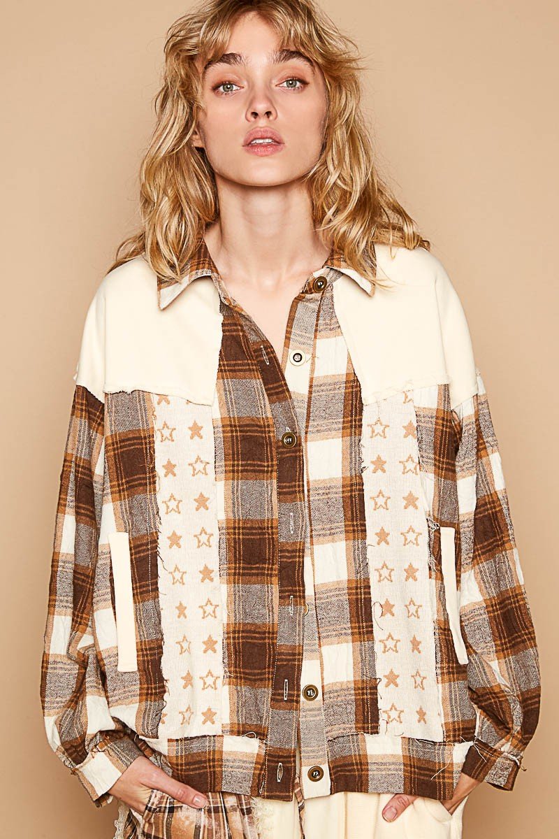 POL Plaid & Star Patchwork Contrast Long Sleeve Shacket - Shacket - Beige - Bella Bourget