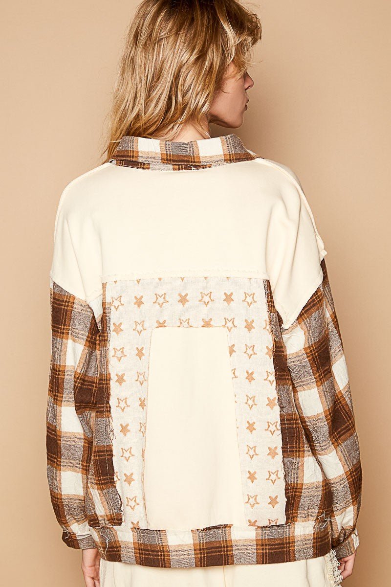 POL Plaid & Star Patchwork Contrast Long Sleeve Shacket - Shacket - Beige - Bella Bourget