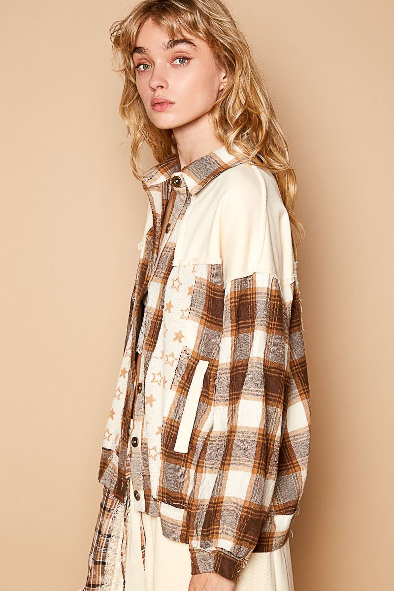 POL Plaid & Star Patchwork Contrast Long Sleeve Shacket - Shacket - Beige - Bella Bourget